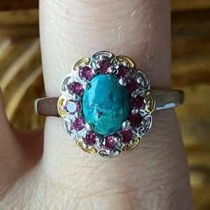 Natural Chrysocolla Orissa Garnet Halo Ring Size 9